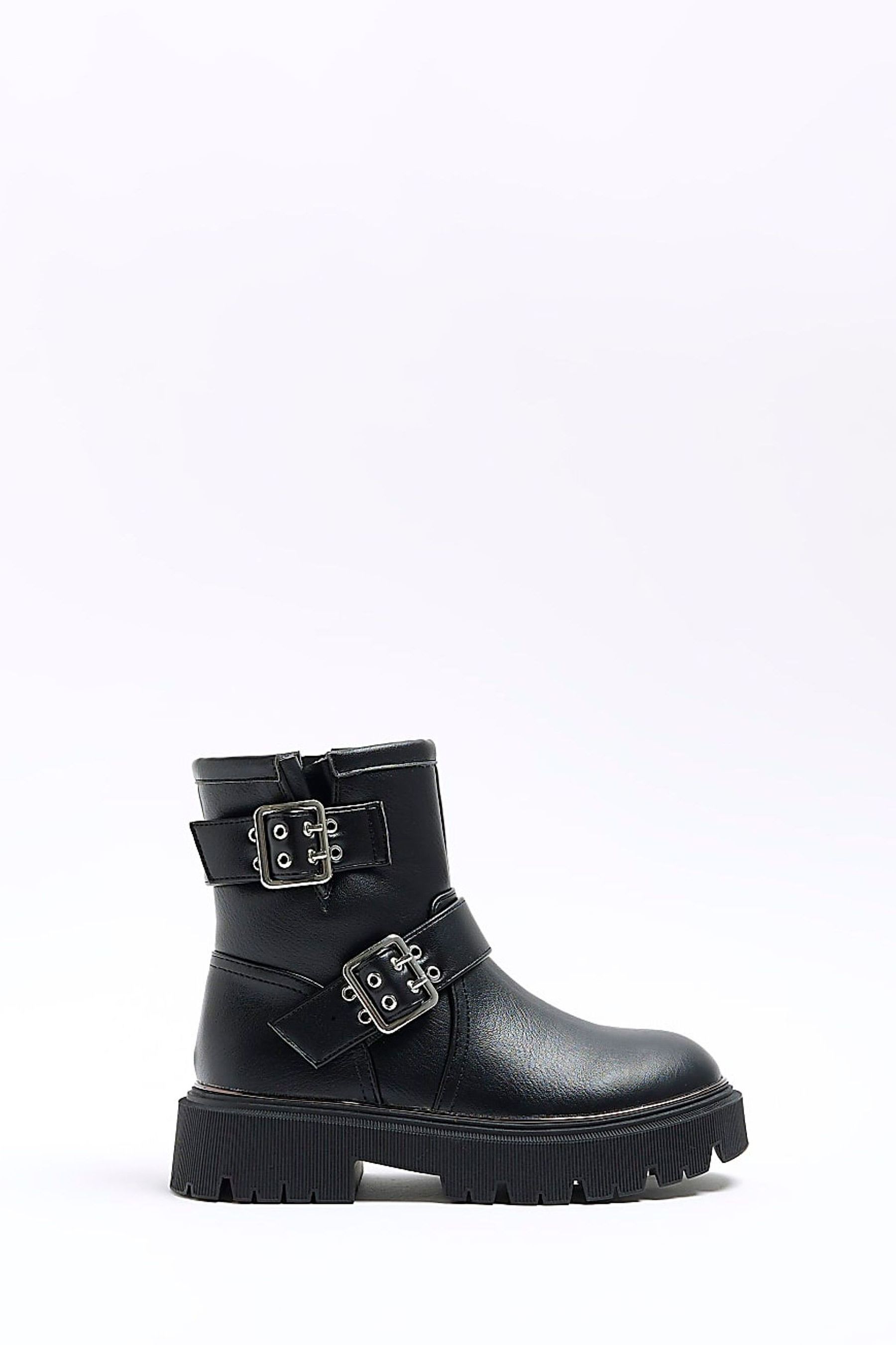 Buy River Island Black Girls Double Buckle Biker Boots from the