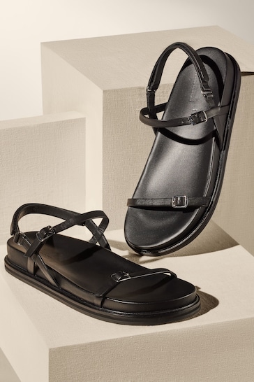 Black Premium Leather Thin Strap Footbed Sandals