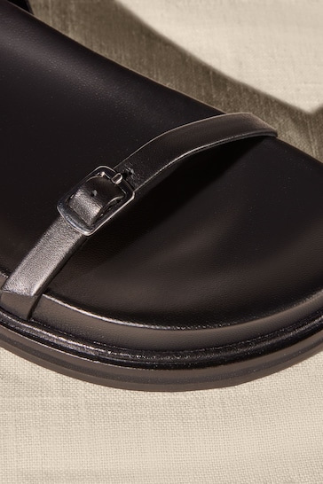 Black Premium Leather Thin Strap Footbed Sandals