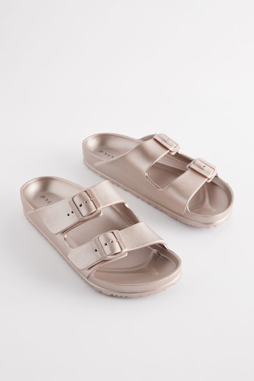 Rose Gold EVA Double Strap Flat Slider Sandals With Adjustable Buckles