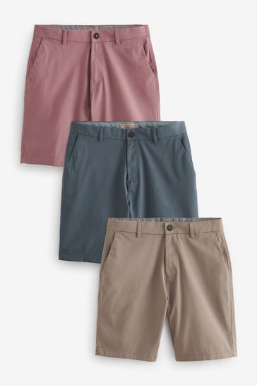 Mid Blue/Pink/Dark Stone Straight Stretch Chinos Shorts 3 Pack