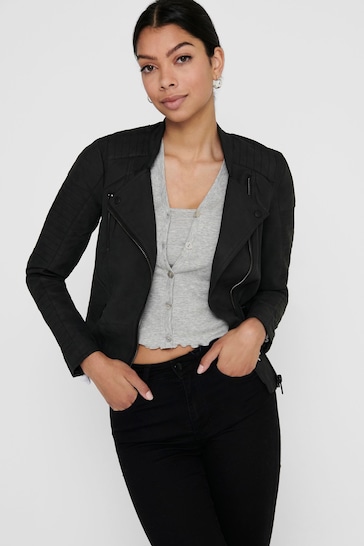 ONLY Black Collarless Faux Leather Biker Jacket