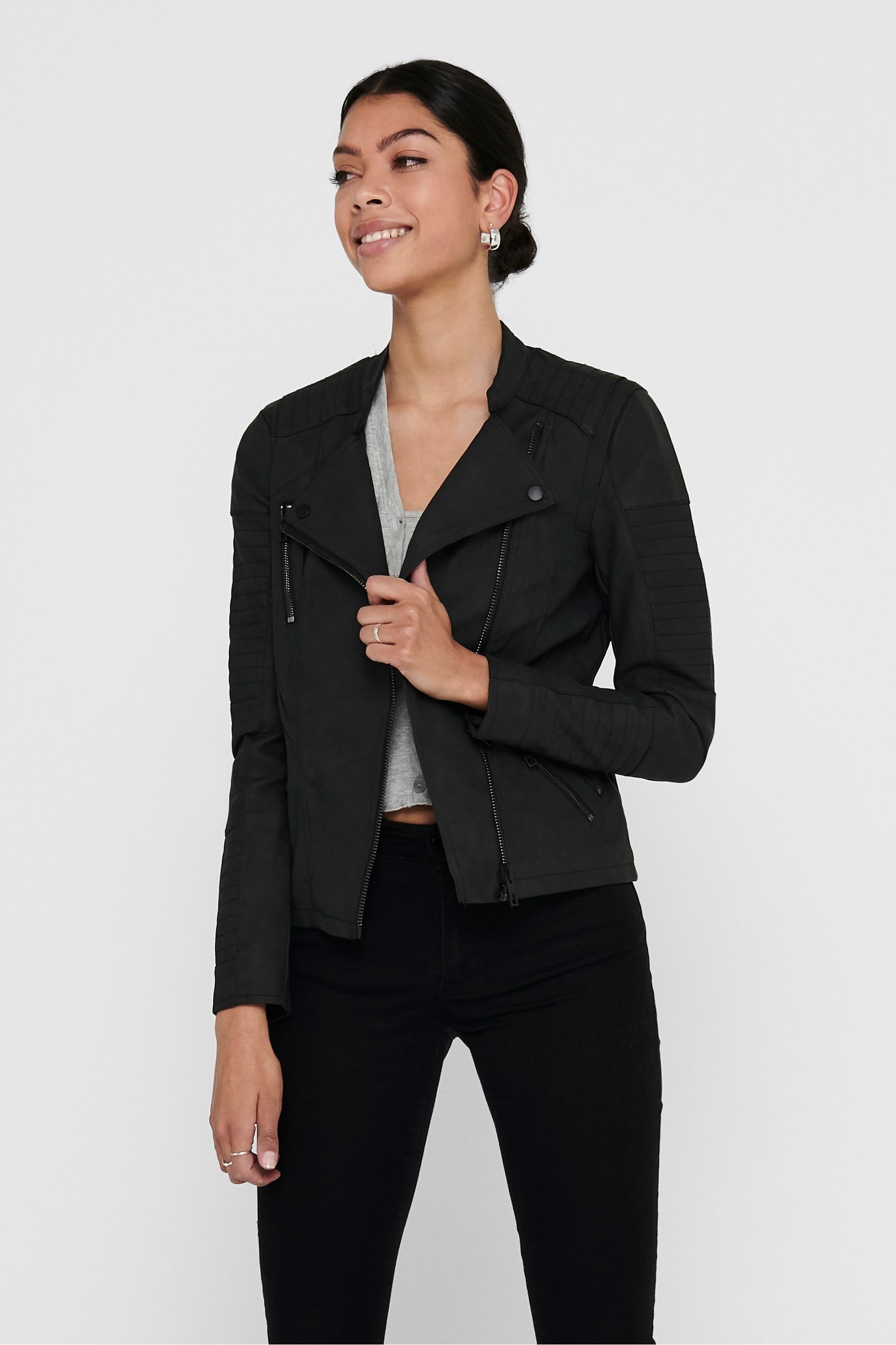 Buy ONLY Black Collarless Faux Leather Biker Jacket from the Next UK online shop