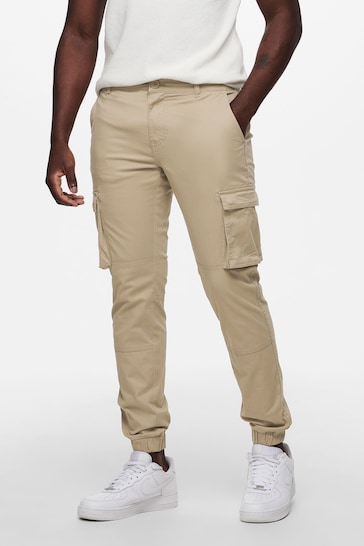 Only & Sons Cream Cargo Detail Trousers with Cuffed Ankle