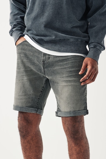 Grey Straight Fit Stretch Denim Shorts