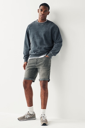 Grey Straight Fit Stretch Denim Shorts