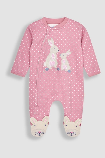 JoJo Maman Bébé Pink Bunny Appliqué Zip Sleepsuit