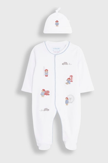 JoJo Maman Bébé White Paddington Embroidered Sleepsuit & Hat Set