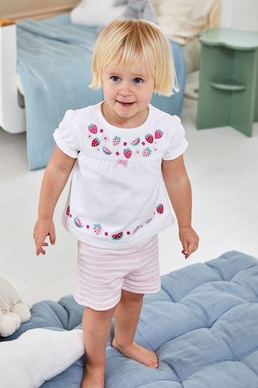 JoJo Maman Bébé White Strawberry Embroidered Jersey Pyjamas