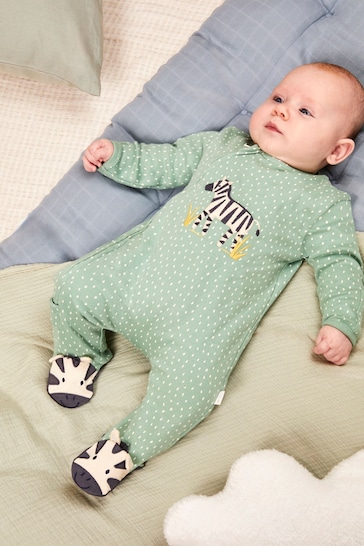 JoJo Maman Bébé Green Zebra Appliqué Zip Sleepsuit