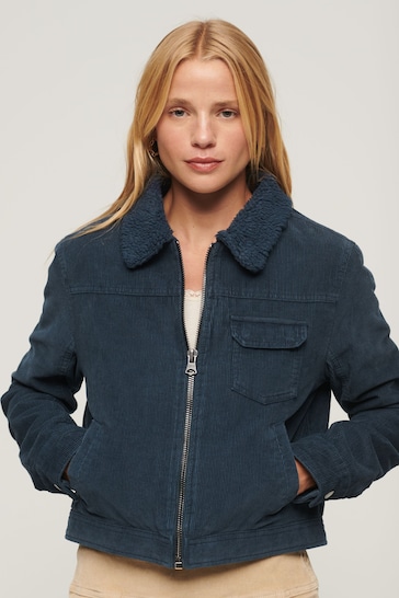 Superdry Blue Cropped Sherpa Lined Cord Jacket