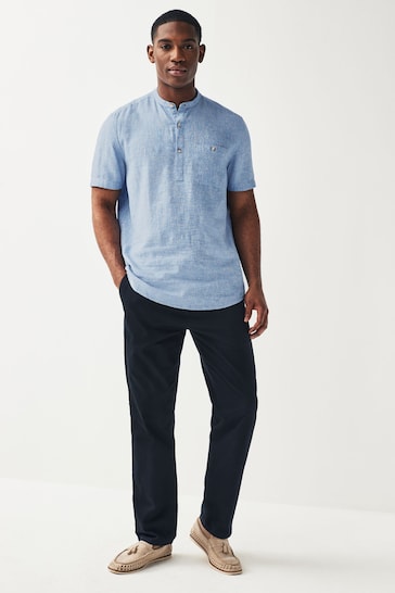Blue Overhead Linen Blend Short Sleeve Shirt