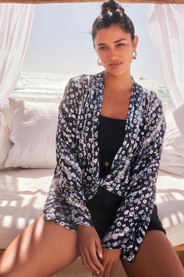 Navy Blue/Pewter Tie Front Kimono Cover-Up