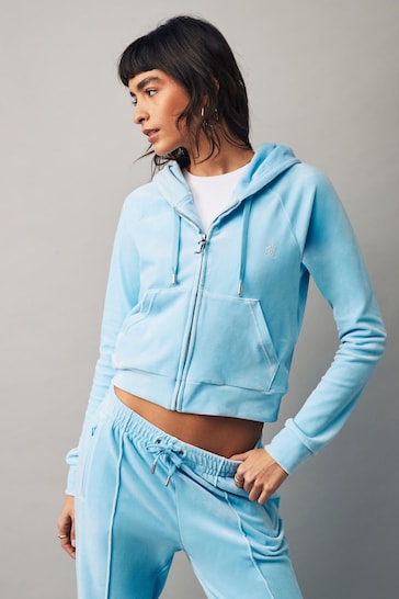 Juicy Couture Blue Velour Zip Through Hoodie With Diamante Branding