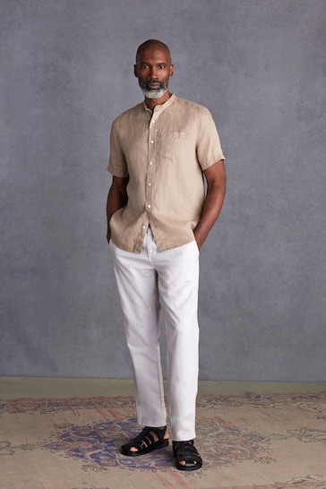 Neutral Grandad Collar Signature 100% Linen Short Sleeve Shirt