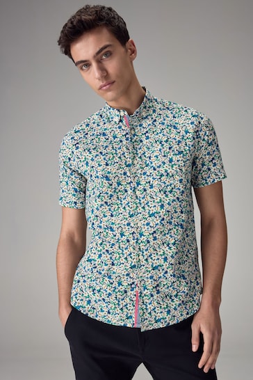 Multicolour Linen Blend Floral Short Sleeve Shirt