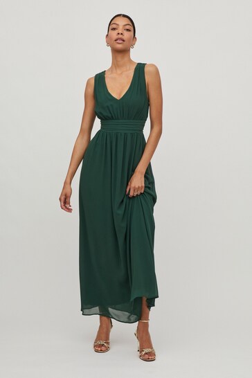 VILA Green Sleeveless V-Neck Tulle Maxi Dress