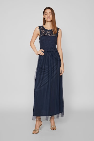 VILA Blue Sleeveless Lace And Tulle Maxi Dress