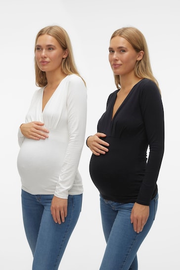 Mamalicious Black Maternity And Nursing V-Neck Function Long Sleeve Tops 2 Pack