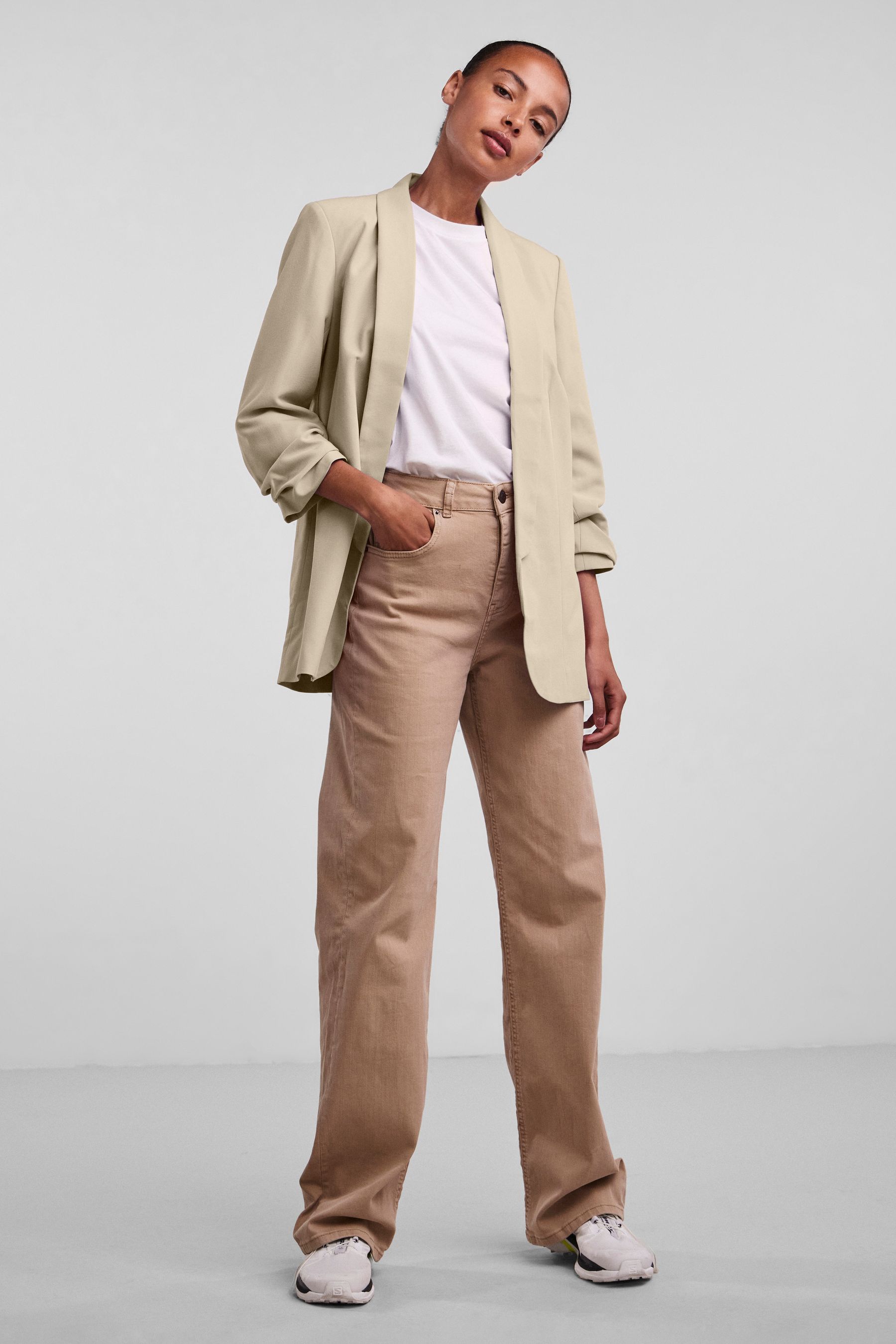 Beige ruched sleeve blazer cheap