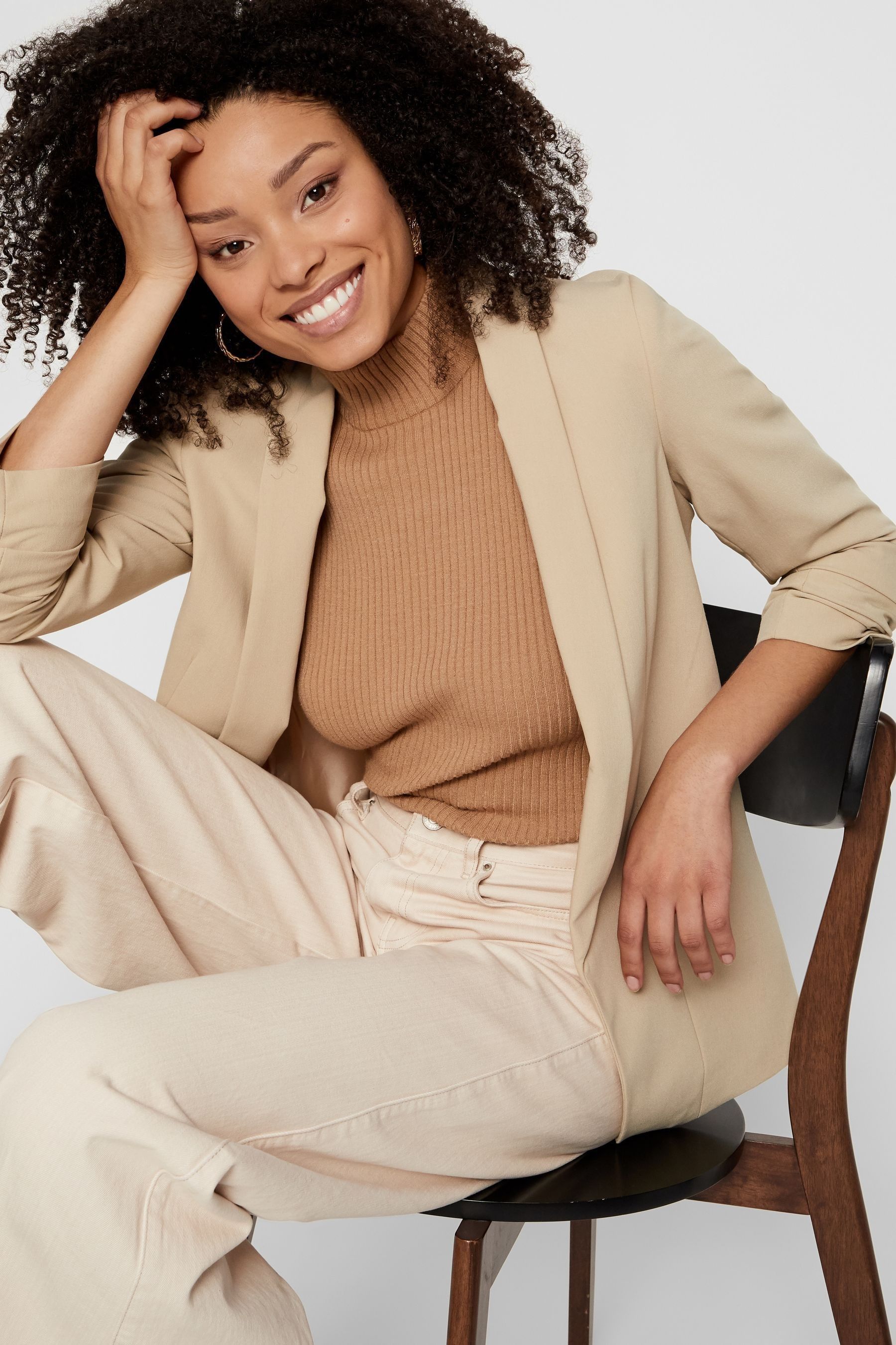 Beige ruched sleeve blazer deals
