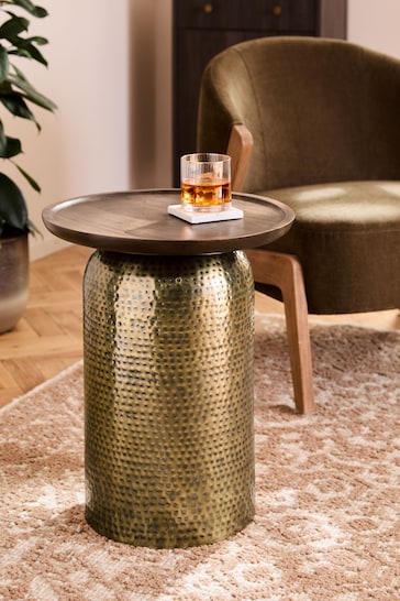 Gold Hammered Drum Mango Wood Side Table