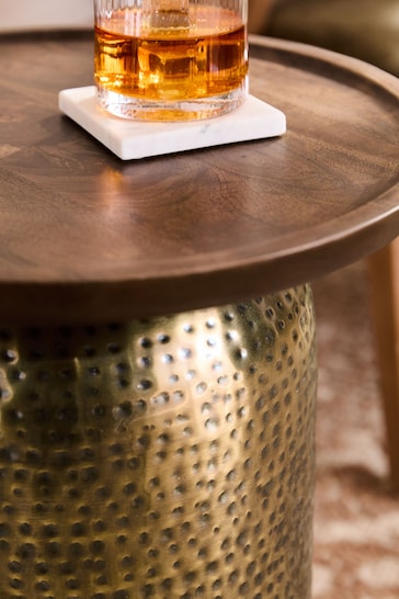 Gold Hammered Drum Mango Wood Side Table
