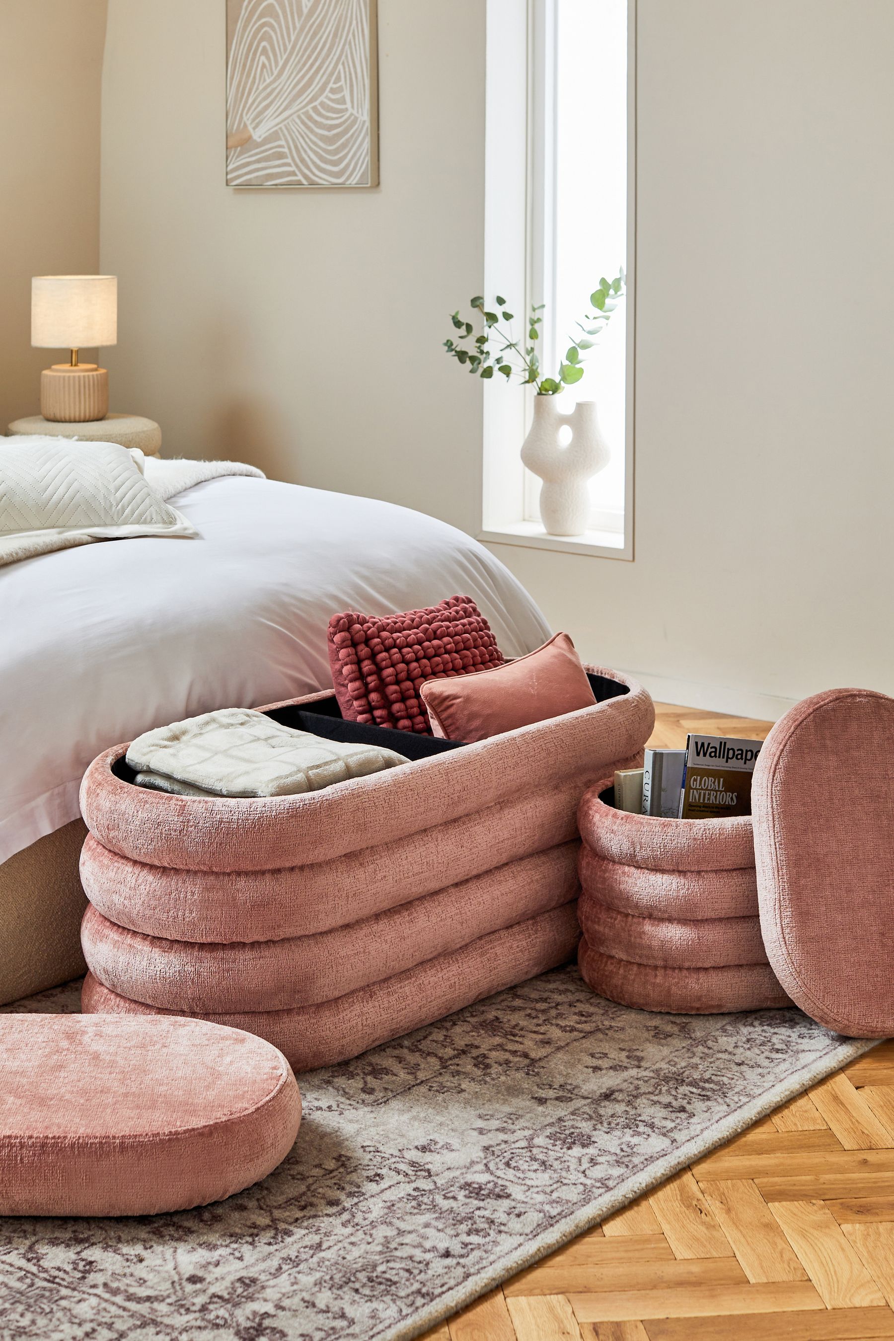 Plush Chenille Rose Pink Otis Ottoman And Stool Set