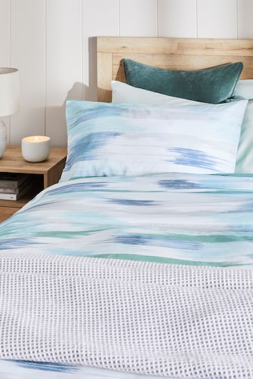 Green/ Blue Blurred Stripe 100% Cotton Reversible Duvet Cover and Pillowcase Set