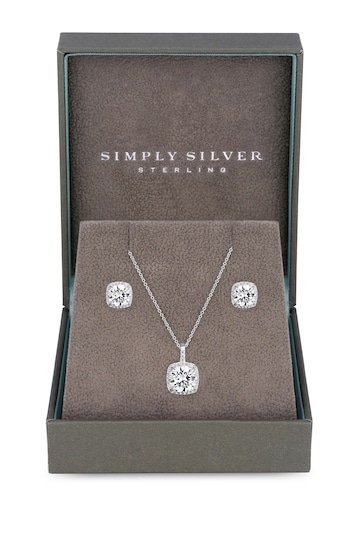 Simply Silver White Sterling Silver 925 Halo Square Solitaire Matching Jewellery Set - Gift Boxed