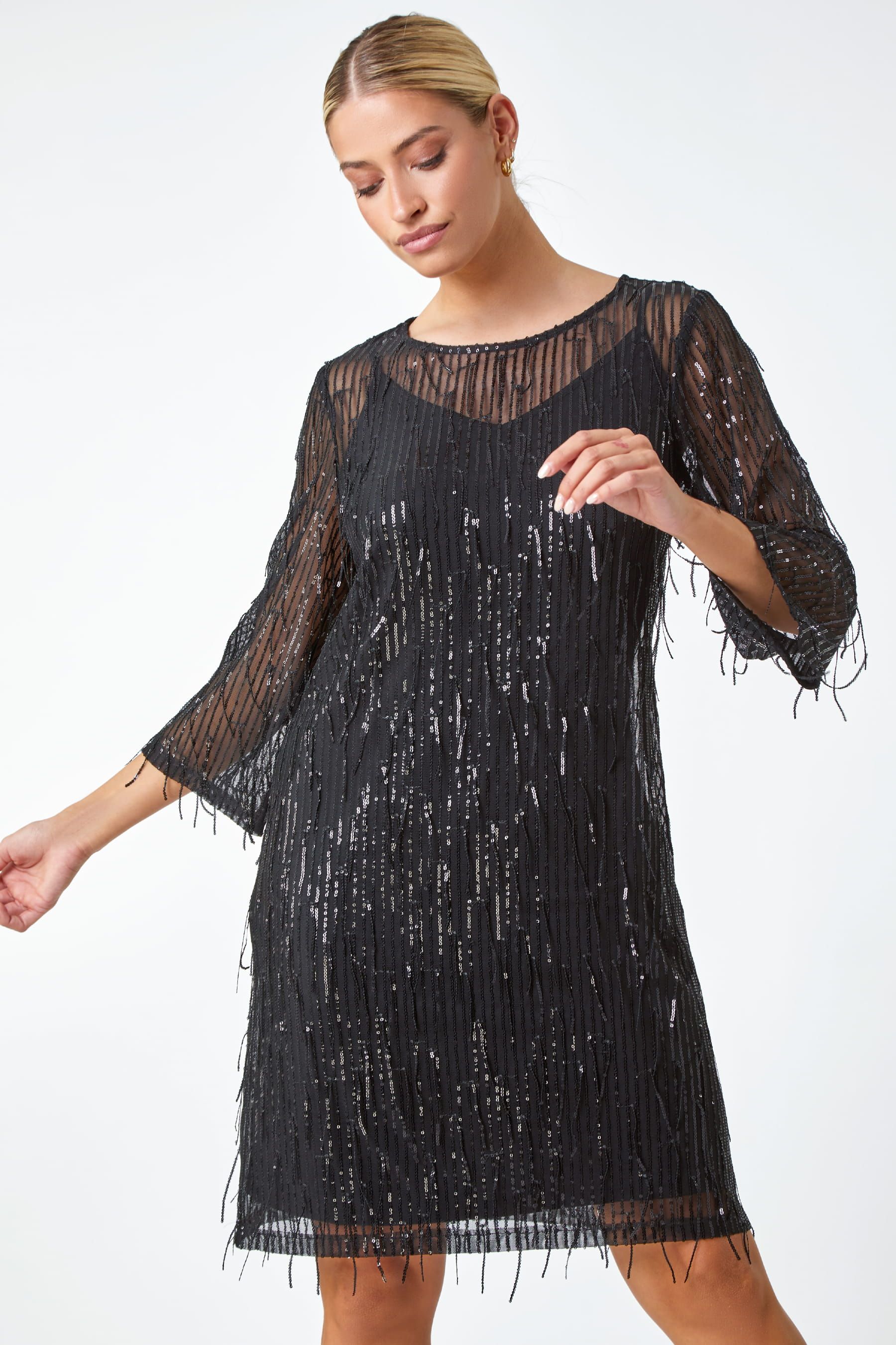 Black tassel top sequin dress