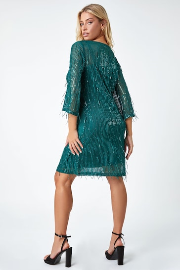 Dusk Green Sequin Sparkle Tassel Shift Dress