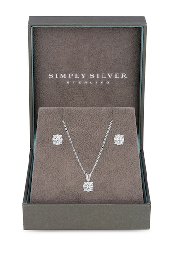 Simply Silver Sterling Silver Tone 925 Round Cubic Zirconia Necklace And Earring Set - Gift Boxed