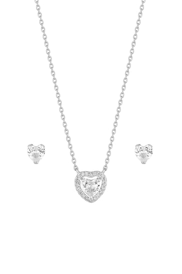 Simply Silver Sterling Silver Tone 925 Cubic Zirconia Halo Heart Set - Gift Boxed