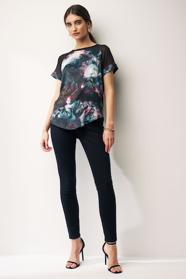 Blurred Floral Woven Mix Short Sleeve Raglan T-Shirt