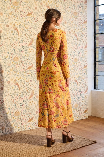 Seasons of May Morris & Co. Yellow Floral Long Sleeve Column Maxi Dress