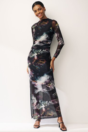 Blurred Floral Long Sleeve Ruched Mesh Midi Dress