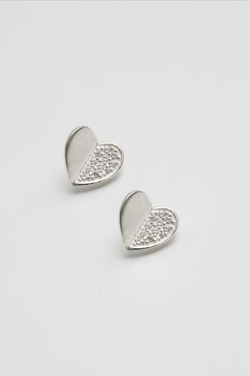 Simply Silver Sterling Silver Mini Heart Polished And Pave Stud Earrings