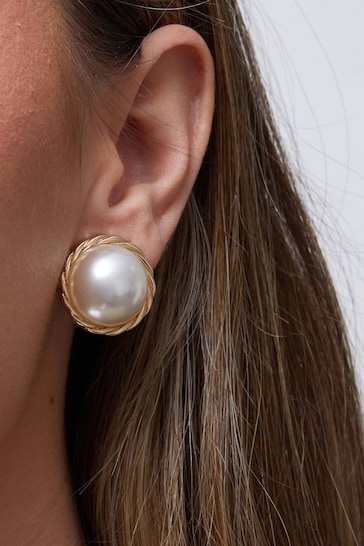 Jon Richard Gold Tone Large Pearl Bouton Clip Earrings