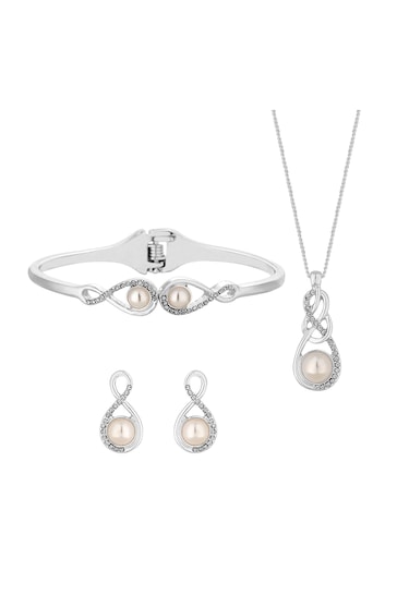 Jon Richard Silver Tone Plated Gift Boxed Crystal Infinity and Pearl Jewellery Set