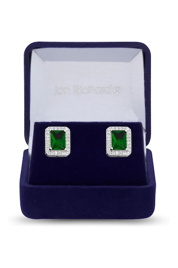 Jon Richard Silver Tone Emerald Cubic Zirconia Stud Gift Boxed Earrings