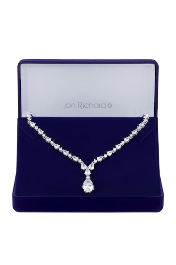 Jon Richard Silver Tone Rhodium Plated Cubic Zirconia Graduated Peardrop Gift Boxed Short Pendant Necklace
