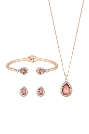 Jon Richard Rose Gold Plated With Pink Pear Crystals Trio Set - Gift Boxed