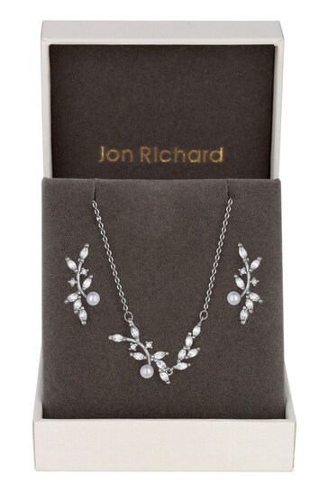 Jon Richard Silver Tone Pearl and Cubic Zirconia Crystal Gift Boxed Vine Set