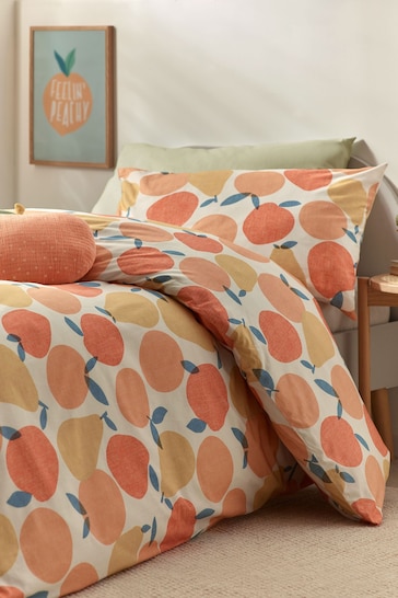 Cream Orange Peaches 100% Cotton Printed Bedding Duvet Cover and Pillowcase Set