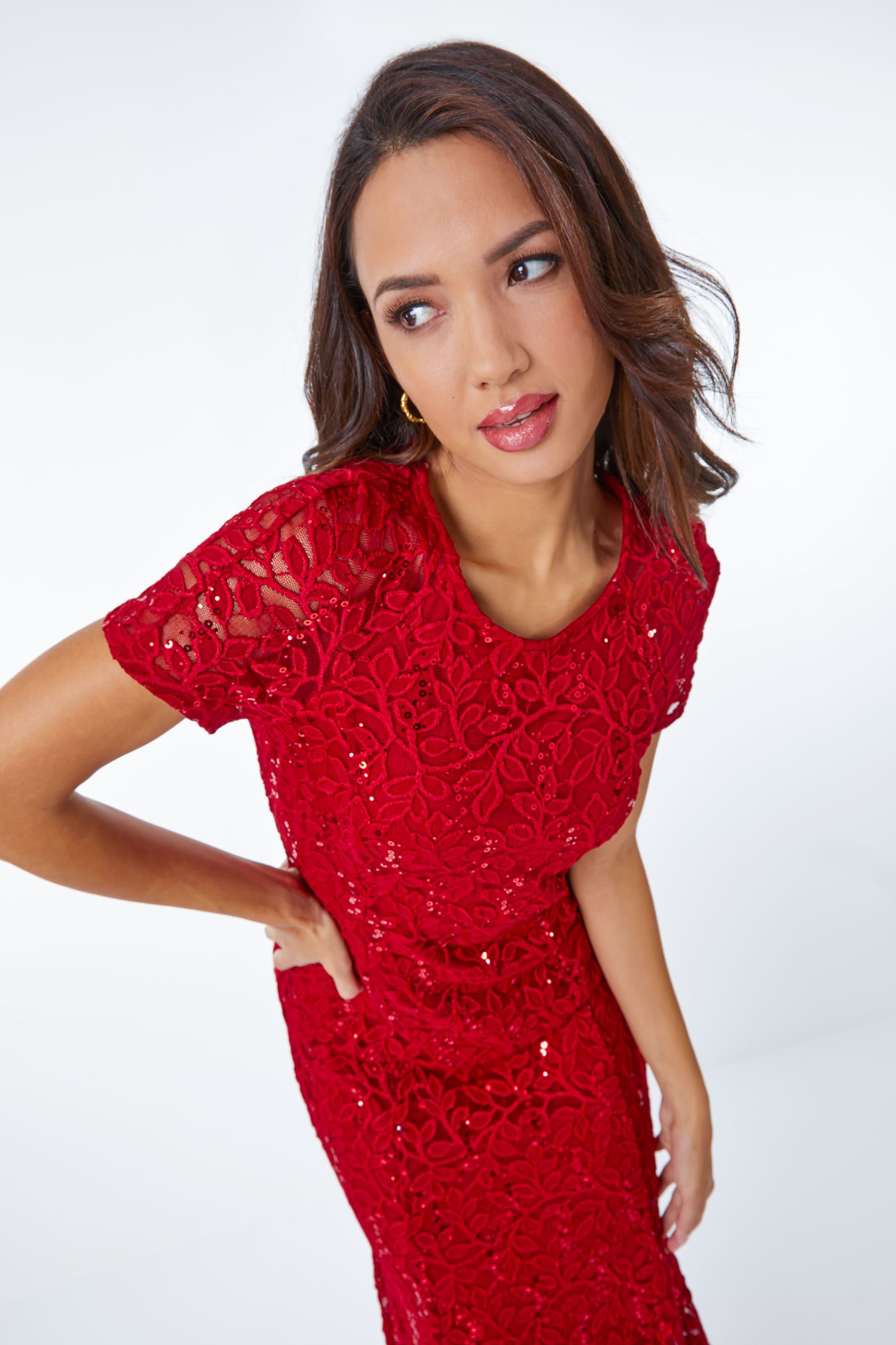Roman Red Leaf Lace Sequin Midi Dress