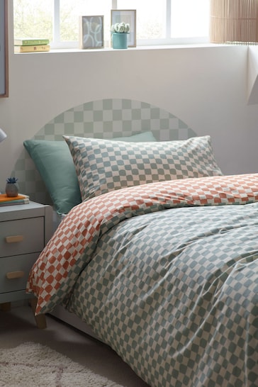 Sage/Rust Checkerboard 100% Cotton Printed Bedding Duvet Cover and Pillowcase Set