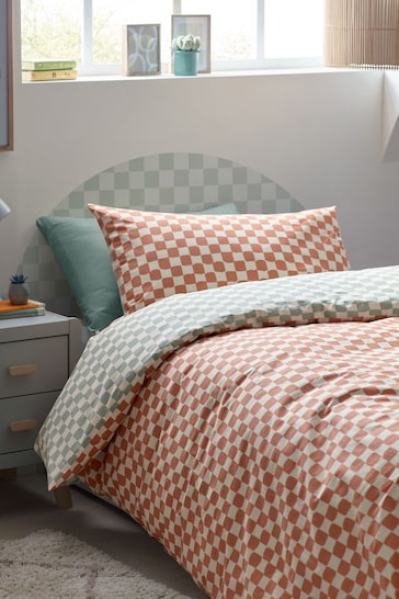 Sage/Rust Checkerboard 100% Cotton Printed Bedding Duvet Cover and Pillowcase Set