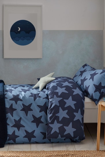 Navy Stars 100% Cotton Printed Bedding Duvet Cover and Pillowcase Set