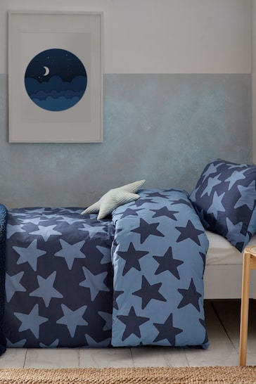 Navy Stars 100% Cotton Printed Bedding Duvet Cover and Pillowcase Set